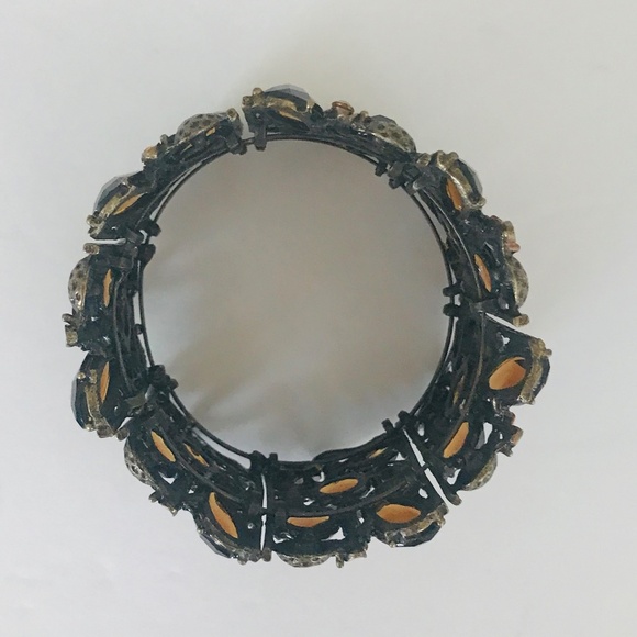 Rare Find! Handcrafted Brass 7 Panel Hinged 2” Cuff Bracelet Topaz Color Stones - Picture 8 of 10